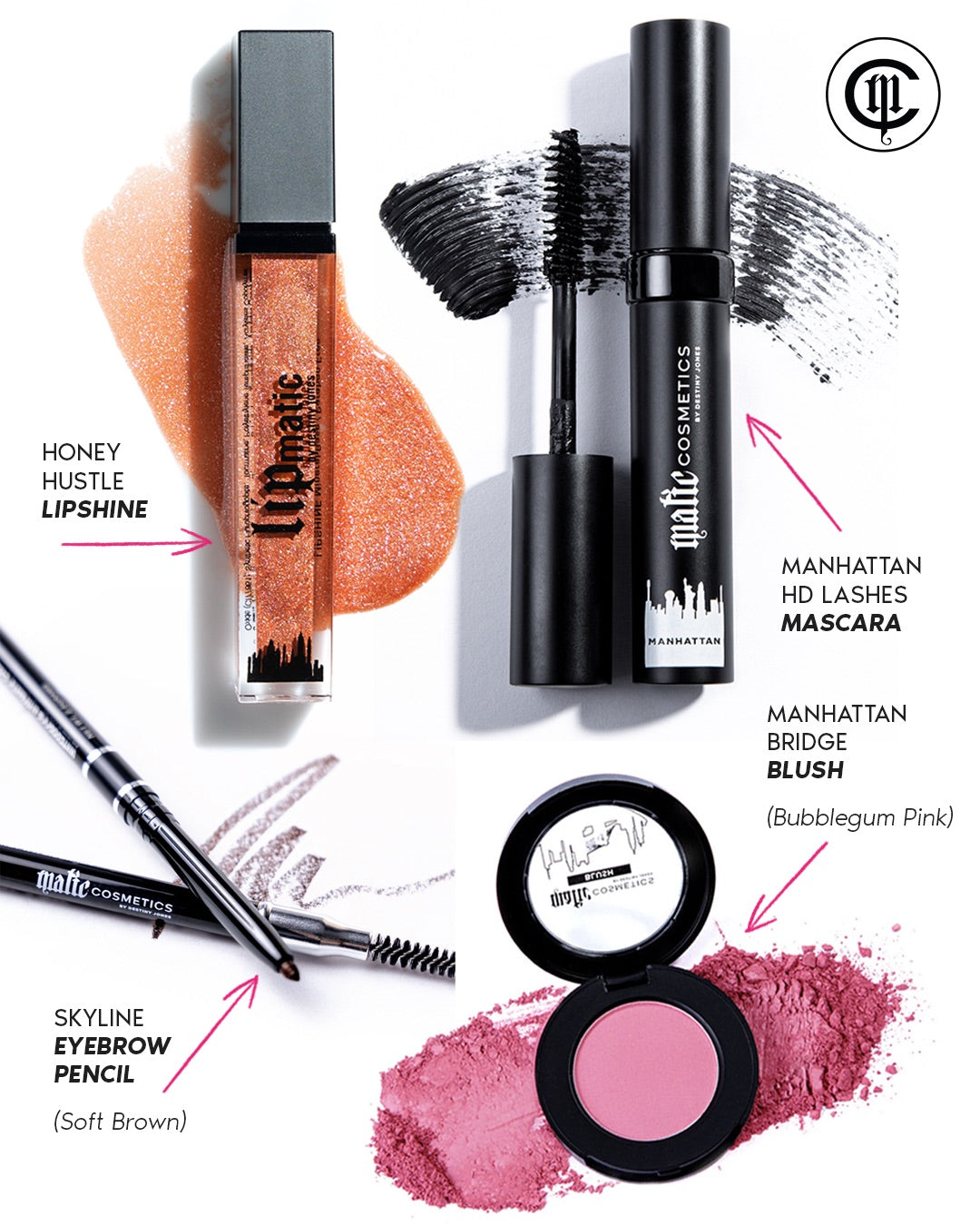 Set includes: Manhattan HD Lashes Mascara, Manhattan Bridge Blush, Honey Hustle LipShine, and the Skyline Eyebrow Pencil.