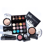 A collection of cosmetic products including eyeshadow palette, bronzer, highlighter, blush, and mascara, with packaging that reads 'All I Need' and 'Maful Cosmetics'.