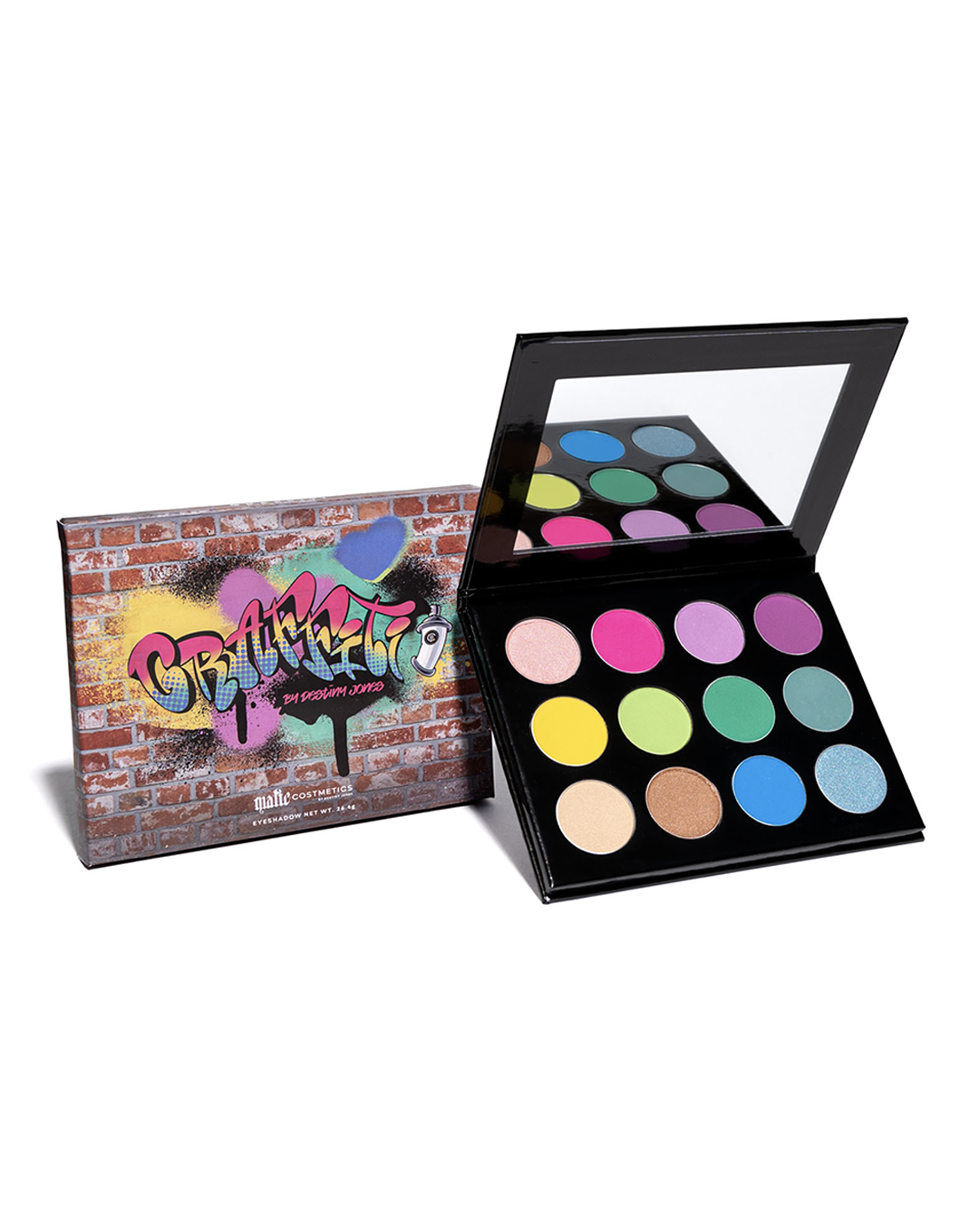 A colorful eyeshadow palette with a variety of shades displayed in individual pans, alongside its packaging which has a &