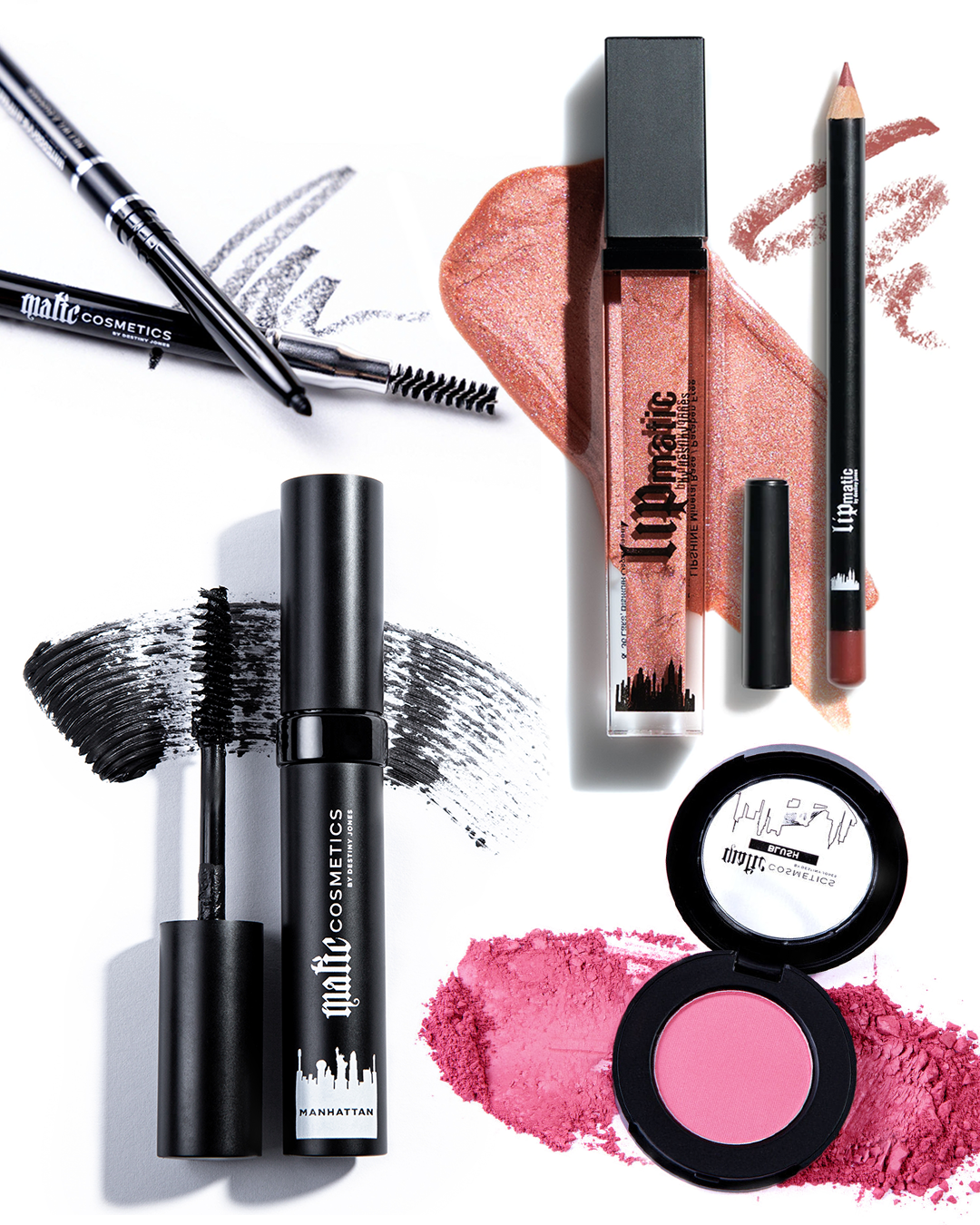 A collection of cosmetics displayed, including mascara, blush, eyebrow pencil, lip shine, and lip liner.