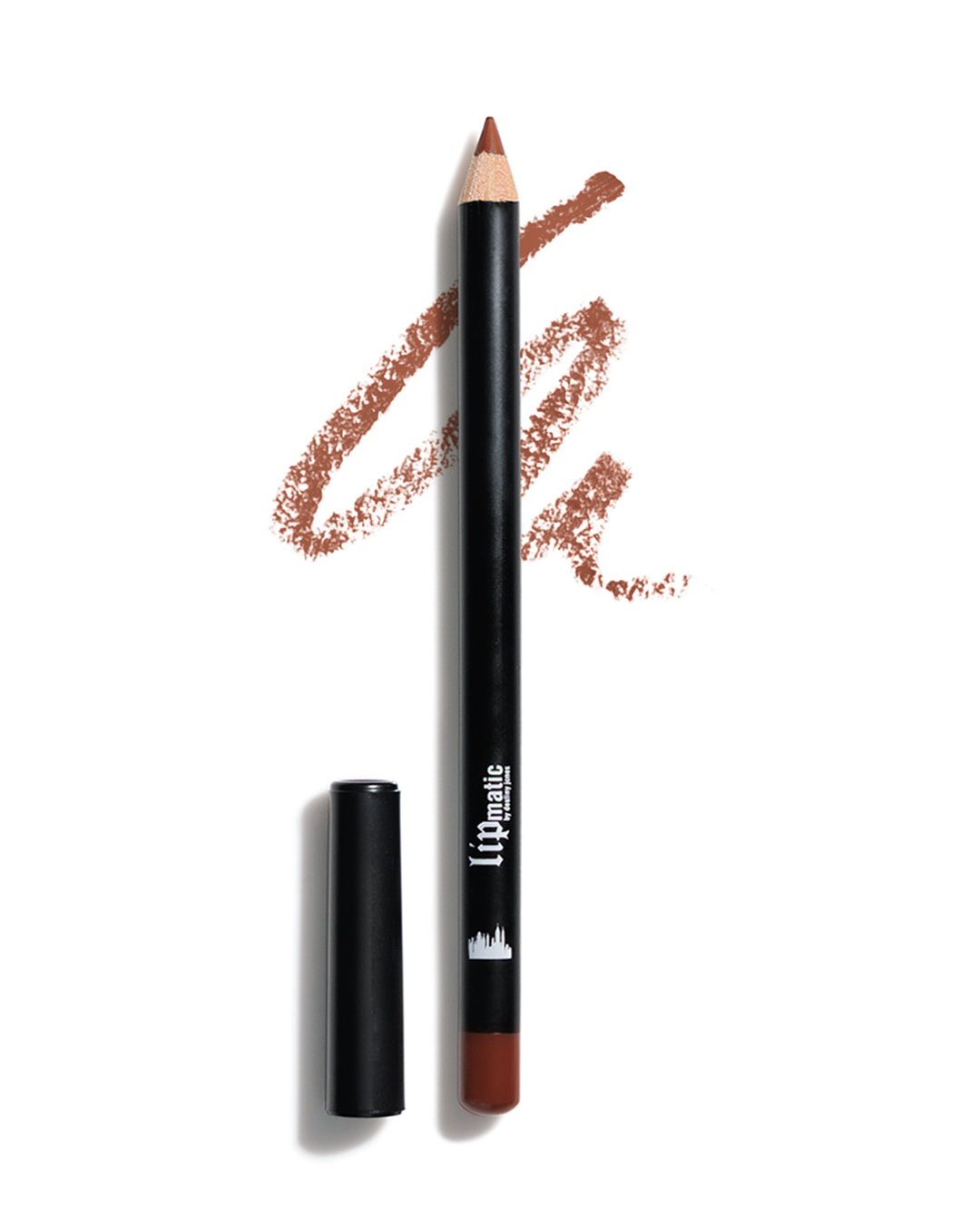 A pencil lip liner in a neutral brown shade, with a swatch of the product color next to it.