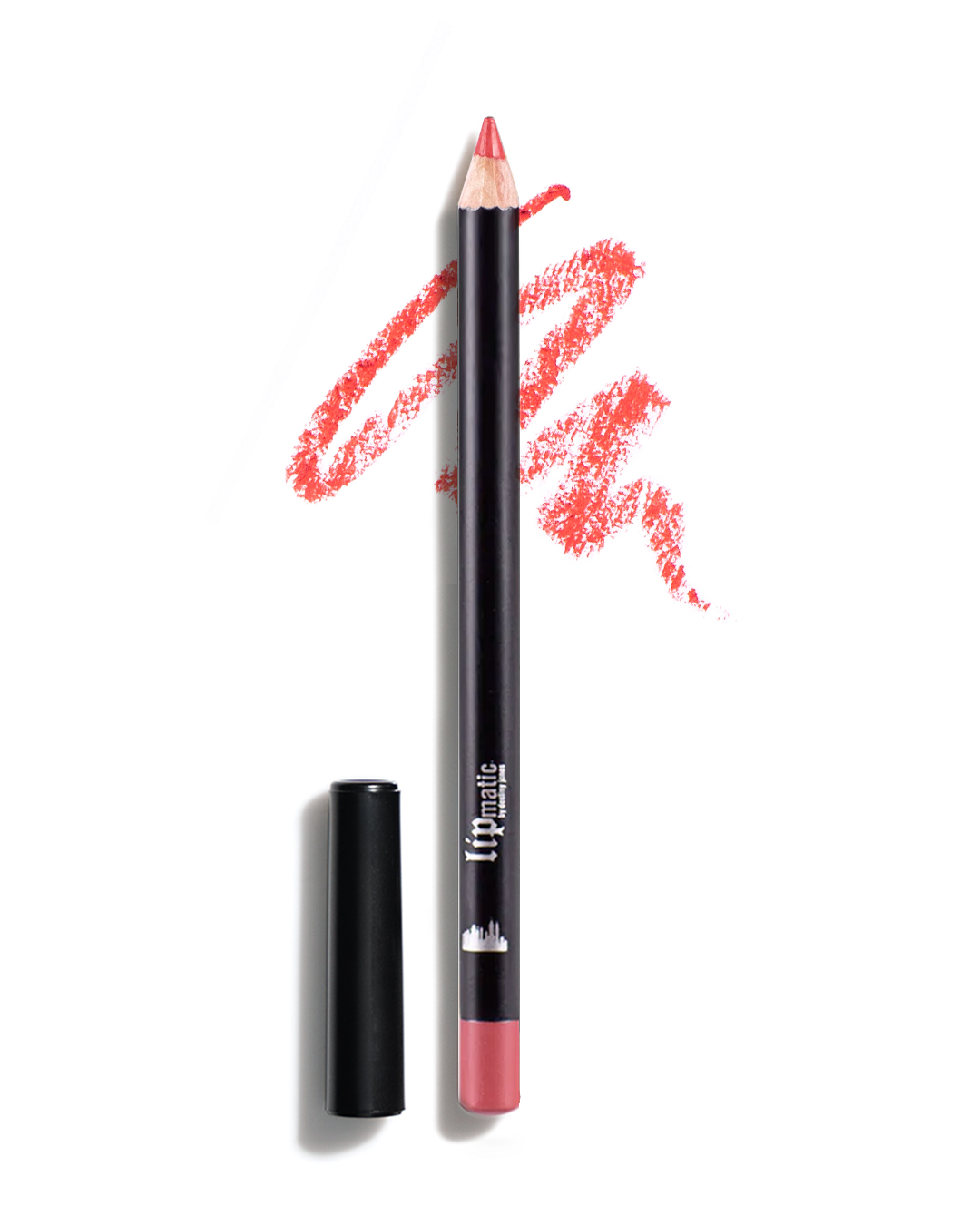 A vibrant pink Wild Rose LipLiner pen next to a swatch of the product showing its color and texture.