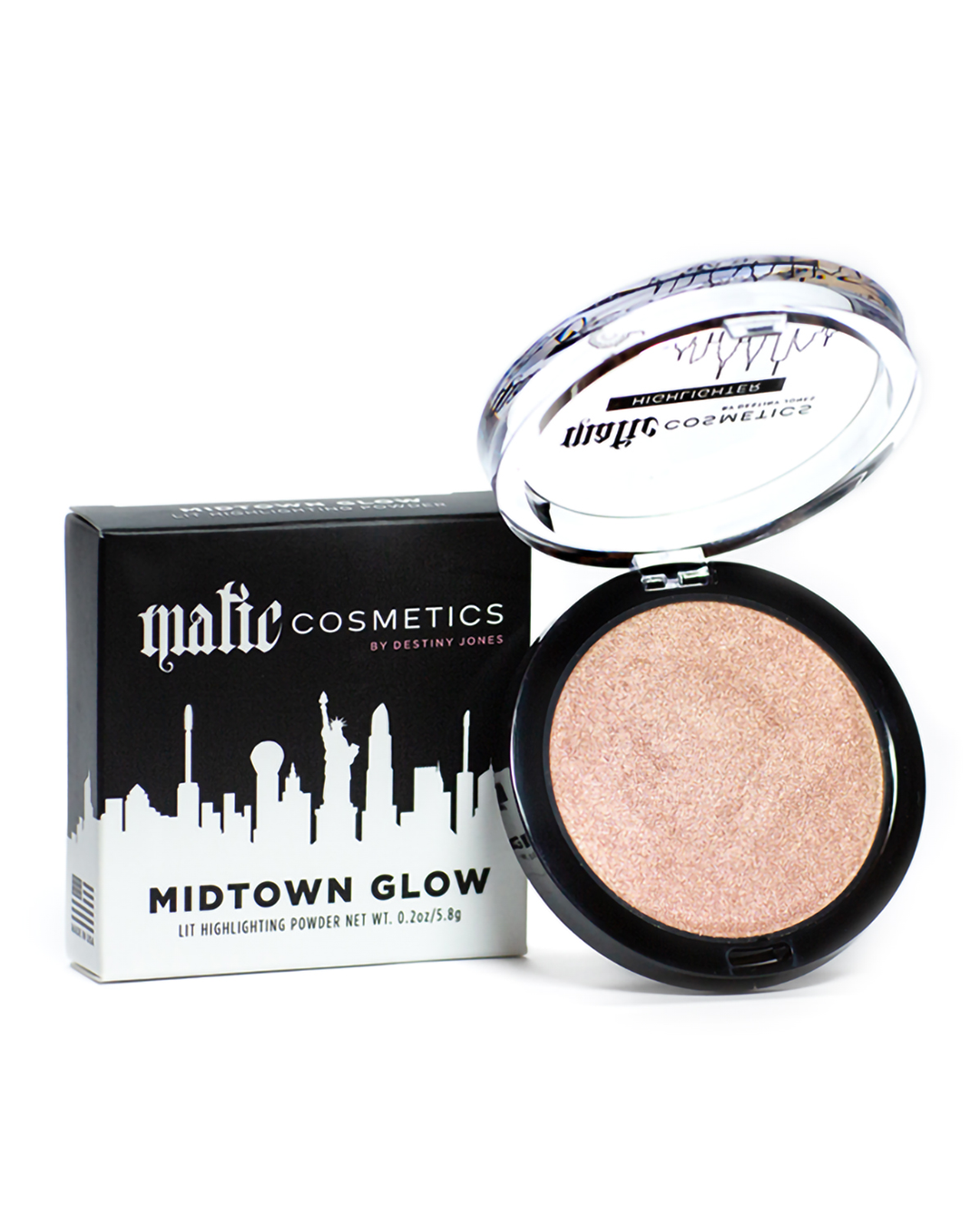 A compact highlighter powder with a sparkling finish, displayed alongside its packaging which reads &