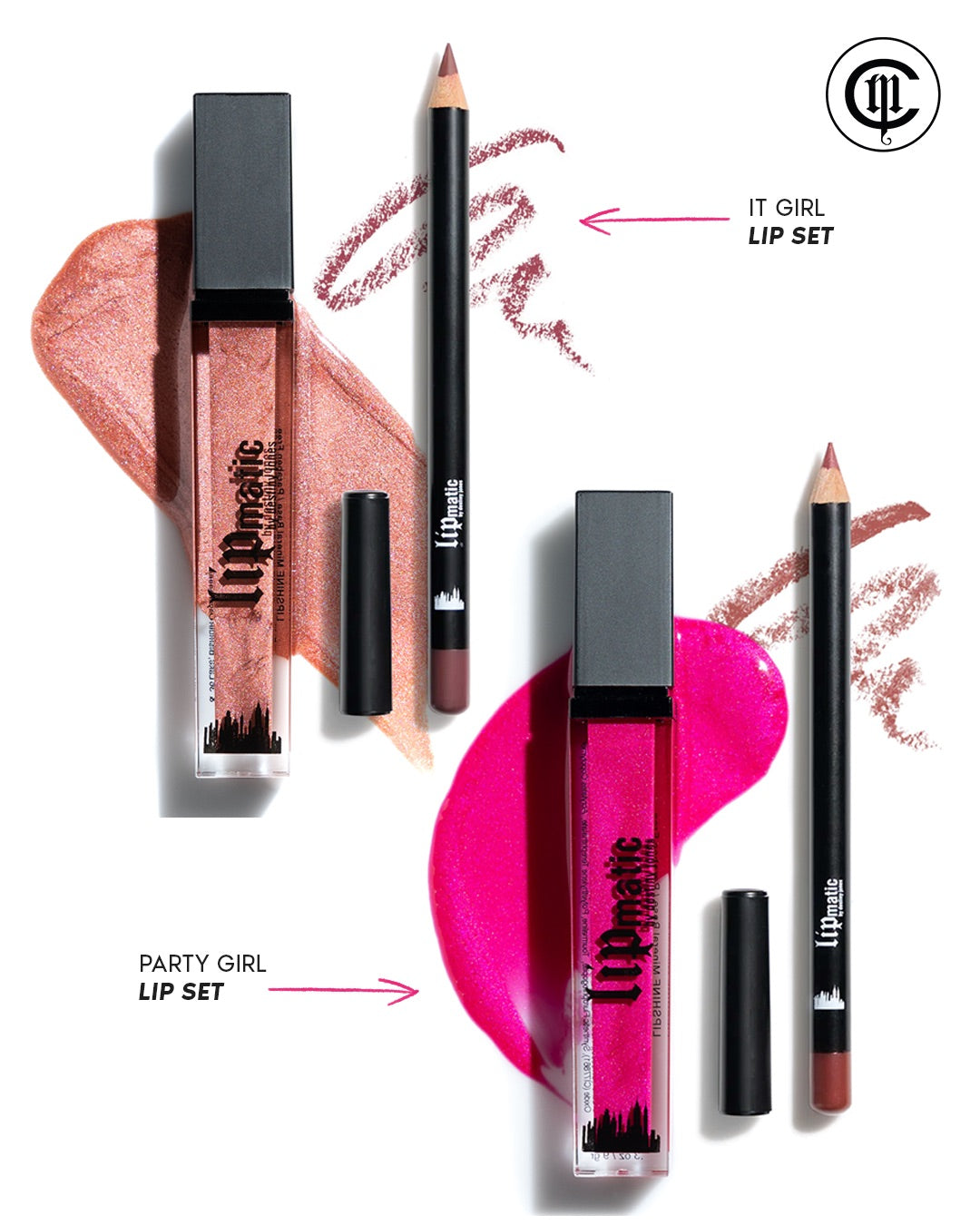 The image shows two lip color sets with names 'It Girl' and 'Party Girl'. The 'It Girl' set is a muted pink, and the 'Party Girl' set is a vibrant hot pink.