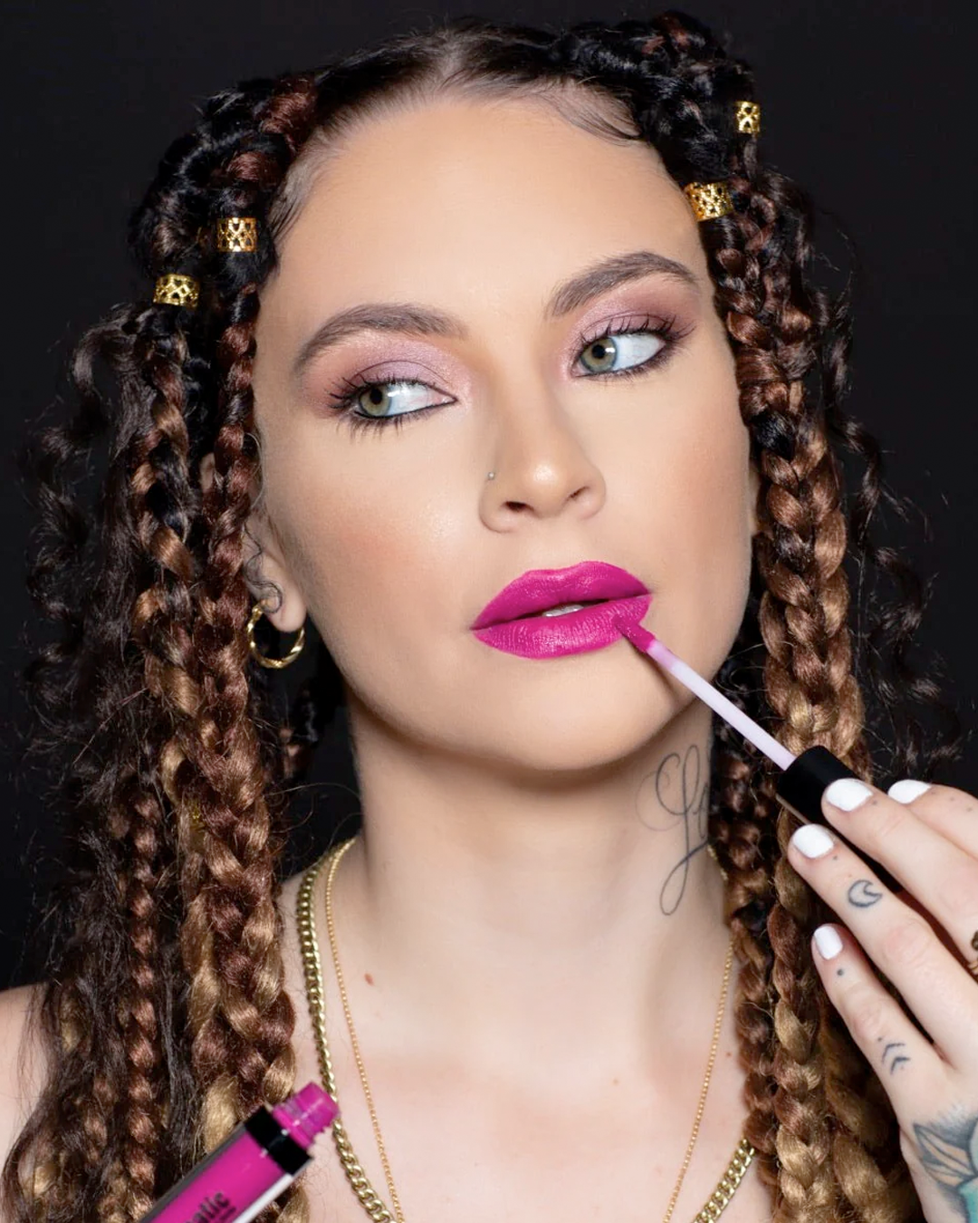 Model wearing Juice Liquid Matte LipStick and eyeshadow from The All I Need Eyeshadow Palette.